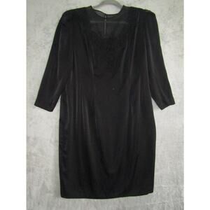 Vintage Black Beaded Cocktail Dress Women’s Size M Sheath Satin Midi 80s Elegant